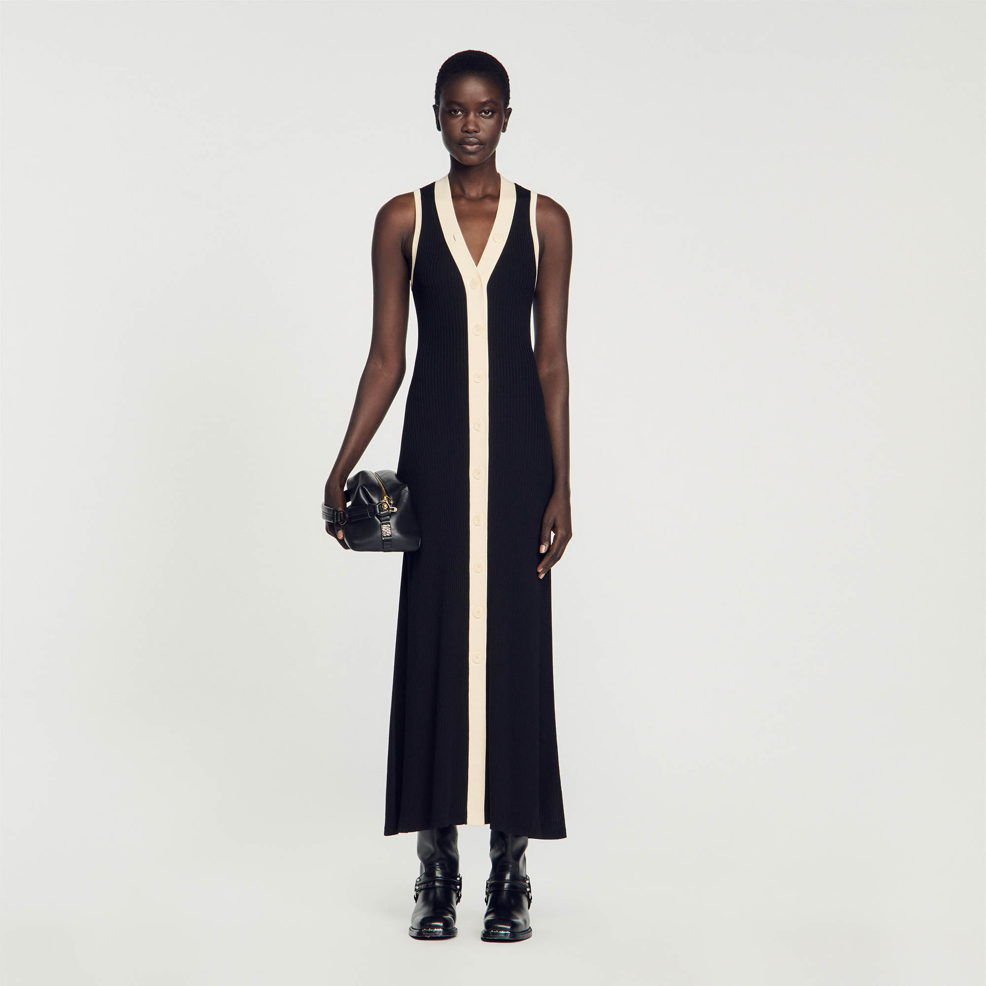 Sandro viscose Two-tone ribbed knit maxi dress with a branded button placket and front slit