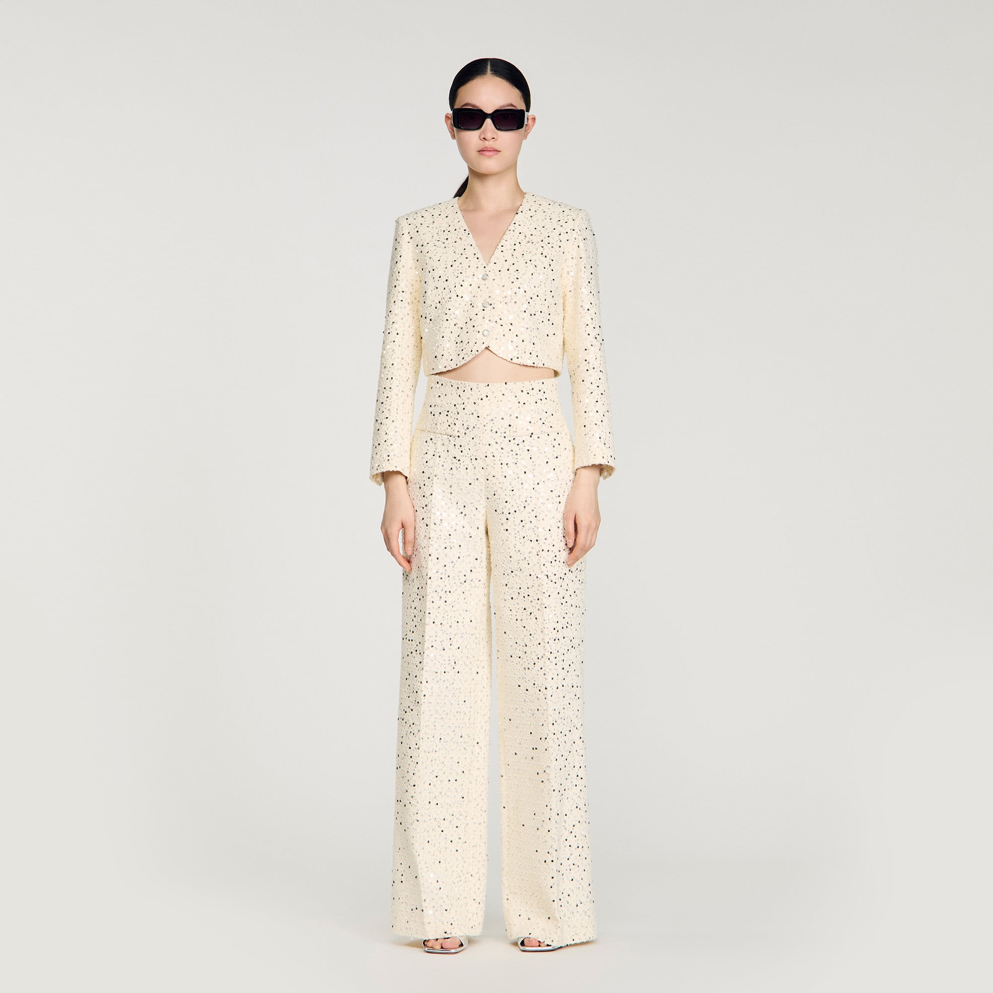 Sandro cotton Wide-leg, straight-fit trousers in decorative fabric with sequins and a geometric pattern