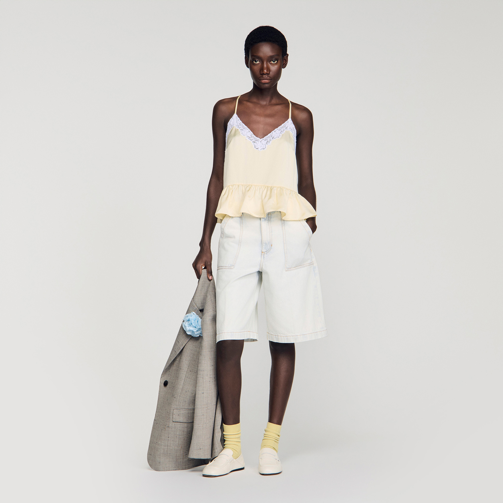 Sandro viscose Flowing satin-effect top with adjustable spaghetti straps, lace trim at the neckline and a wide gathered ruffle at the hem