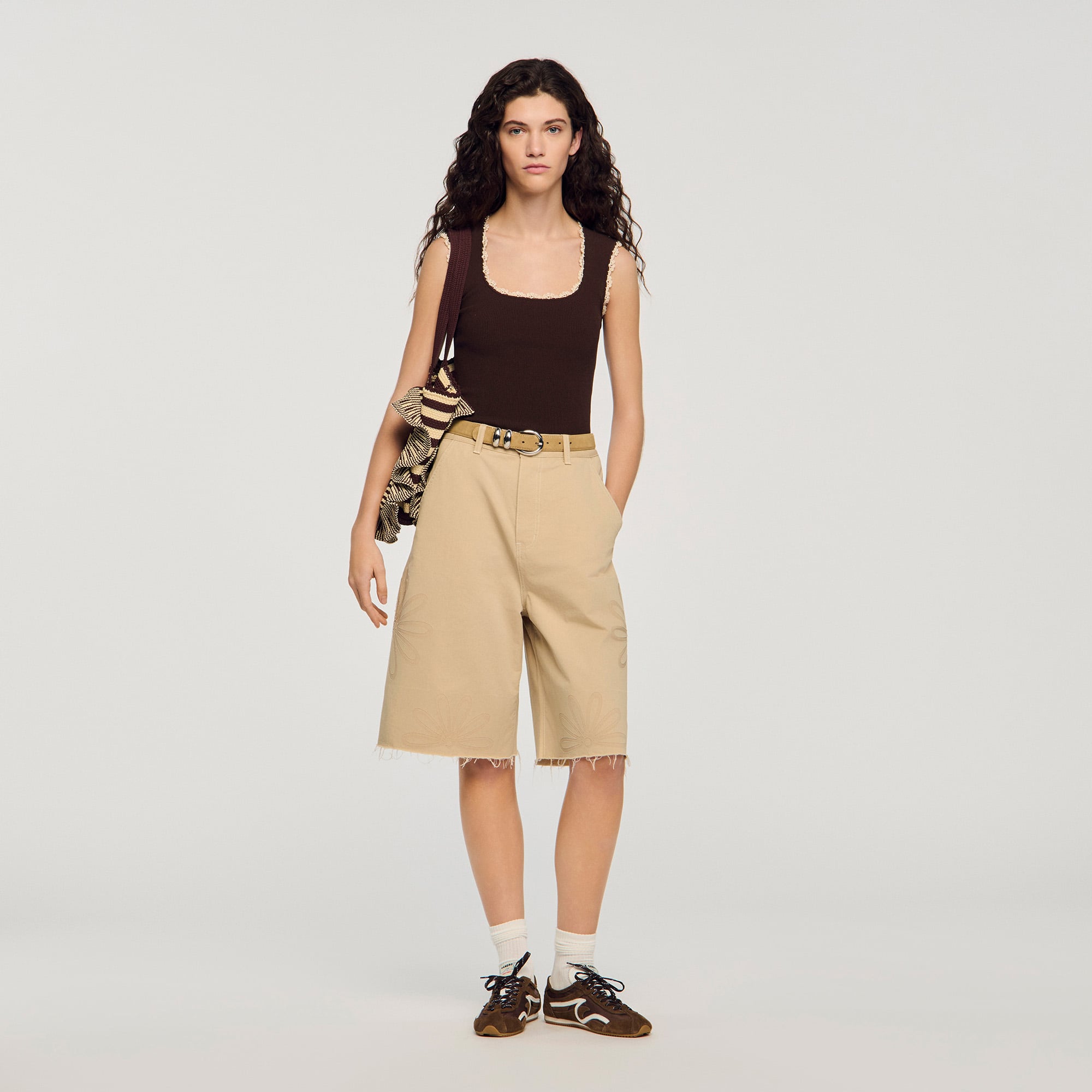 Sandro viscose Sleeveless ribbed knit top with contrasting crochet trim and scooped round neckline