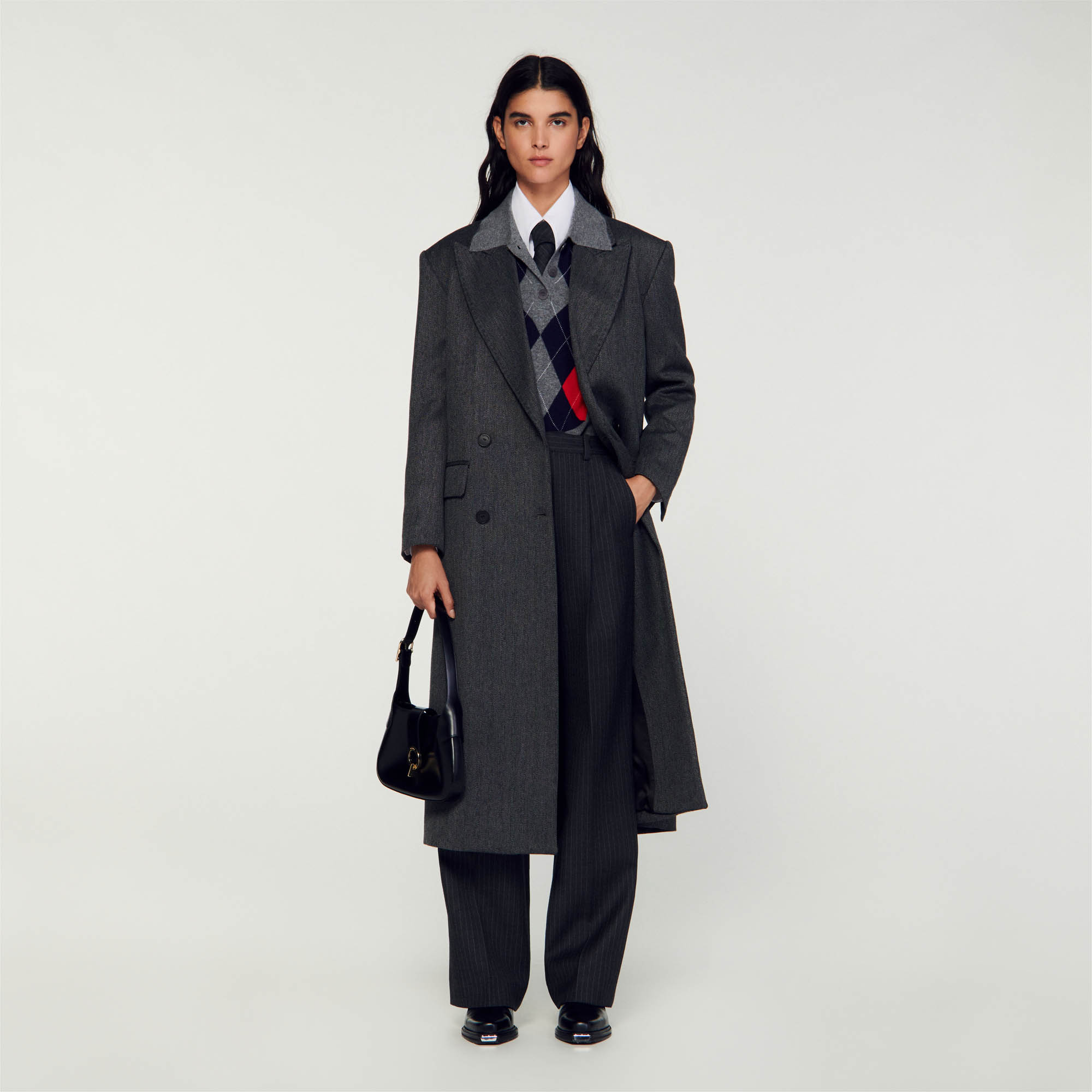 Sandro wool Long double-breasted coat with long sleeves, structured shoulders, suit collar and flap pockets