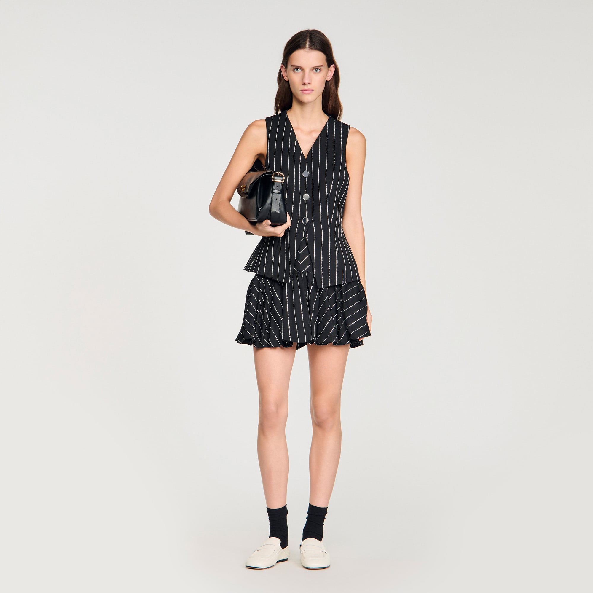 Sandro viscose Sleeveless striped and sequined vest with a V-neckline, a peplum and a button fastening