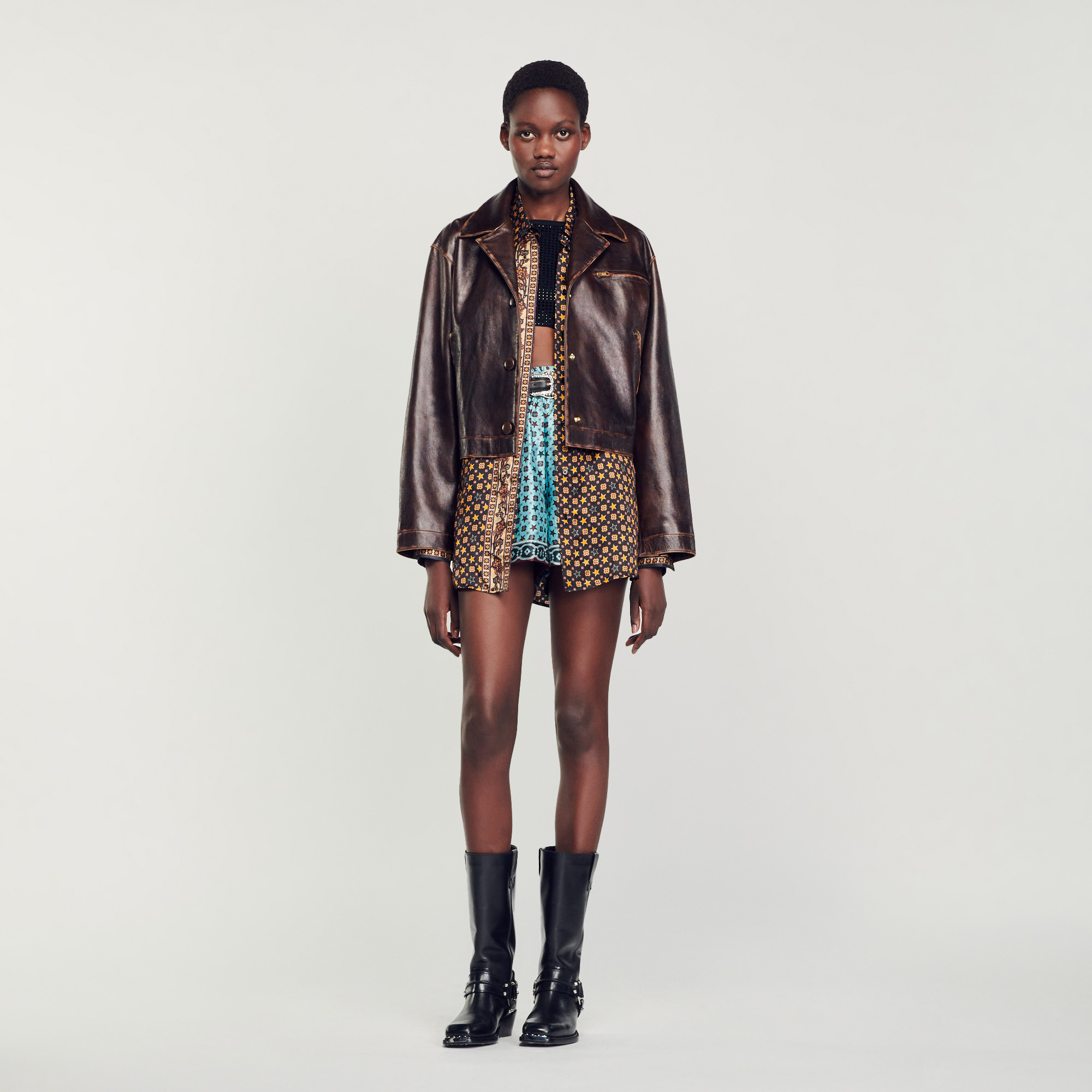 【海外限定】Sandroレザージャケット☆Jude faded-effect lace-u Sandro Womens Bruns Jude Faded-effect Lace-up Leather Jacket