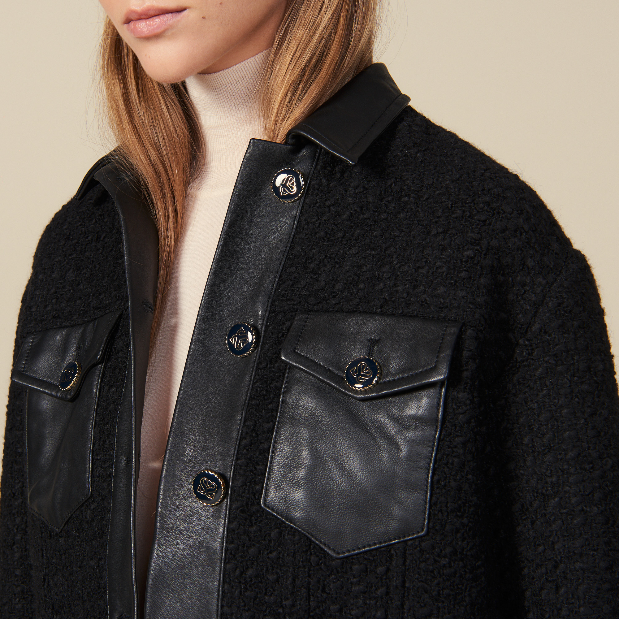 Tweed jacket with leather trim - Coats & Jackets | Sandro Paris