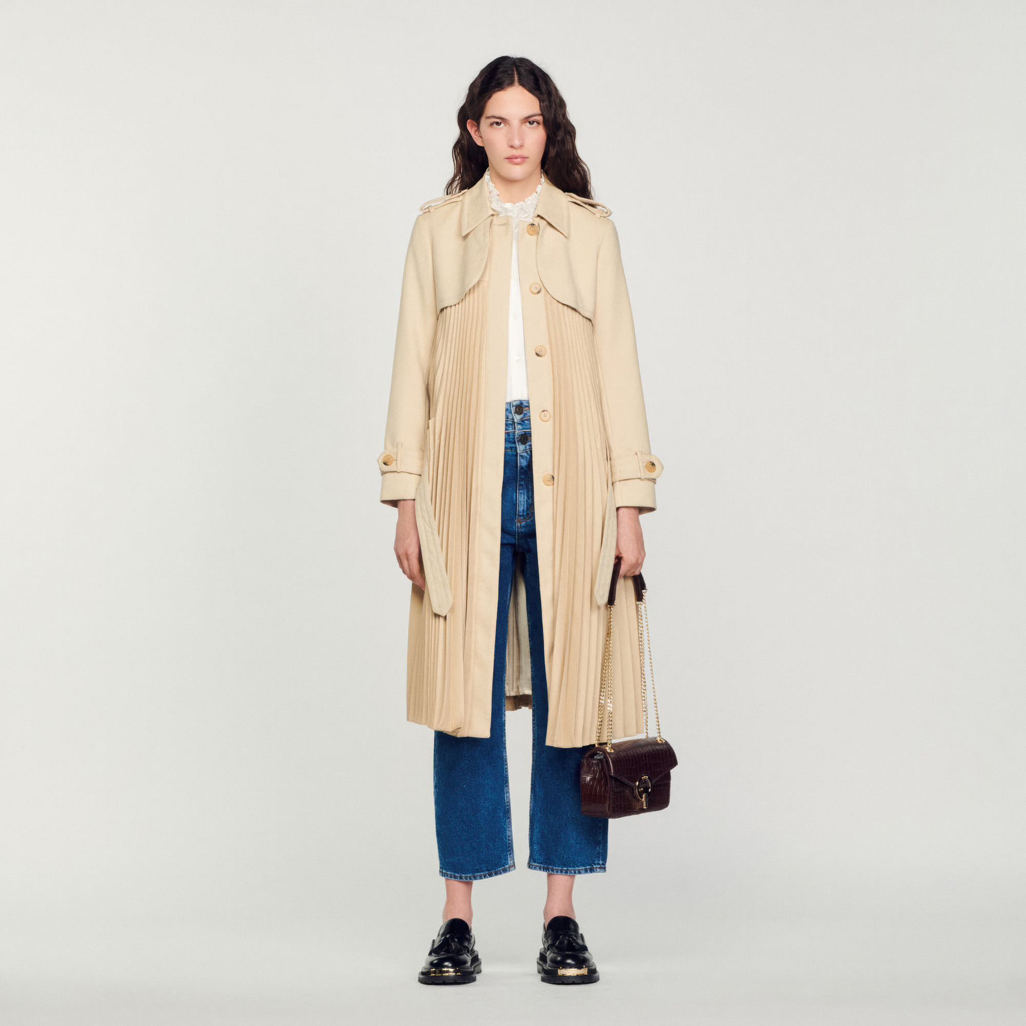 Vino Pleated trench coat with belt - Coats | Sandro Paris