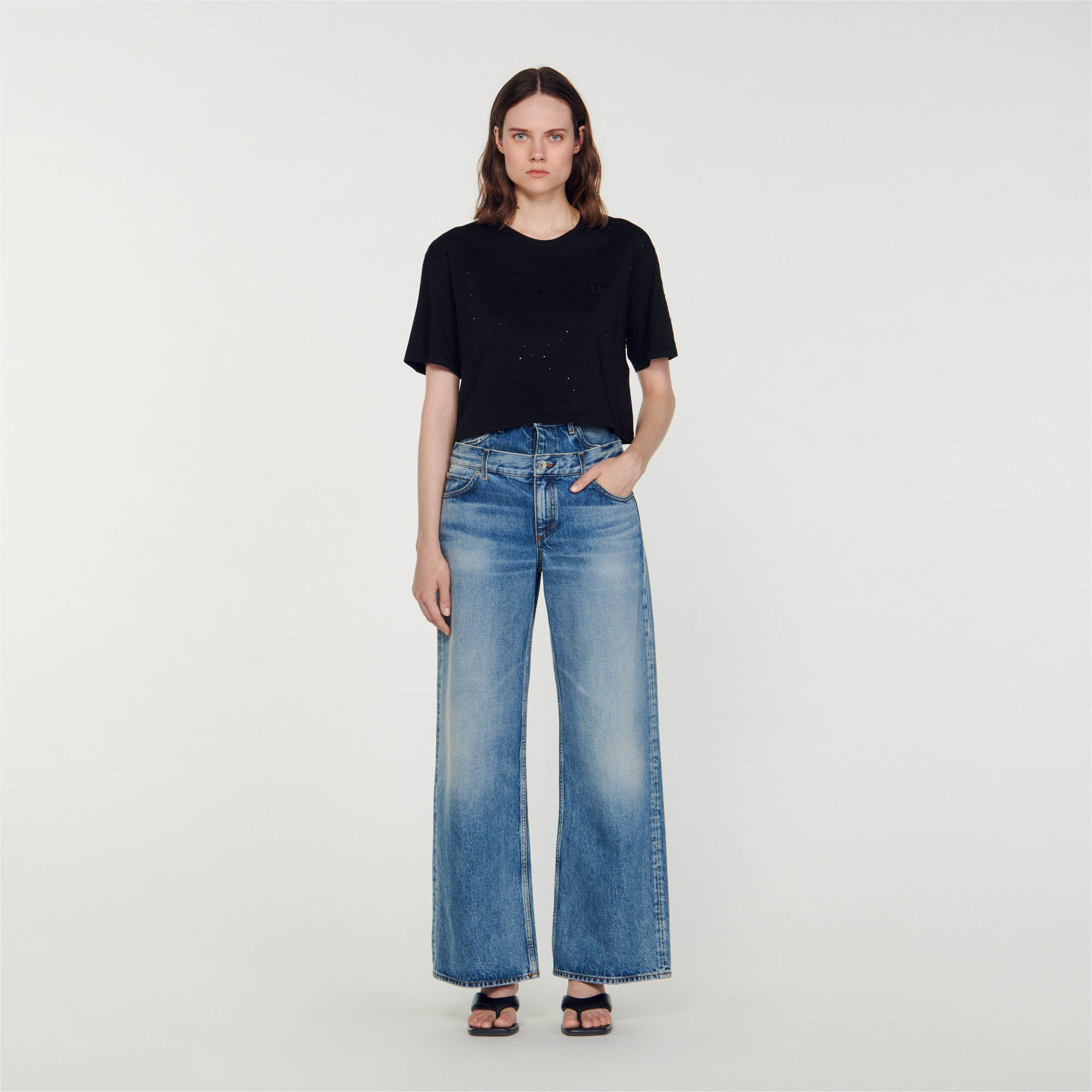 Sandro cotton Cropped T-shirt with rhinestones