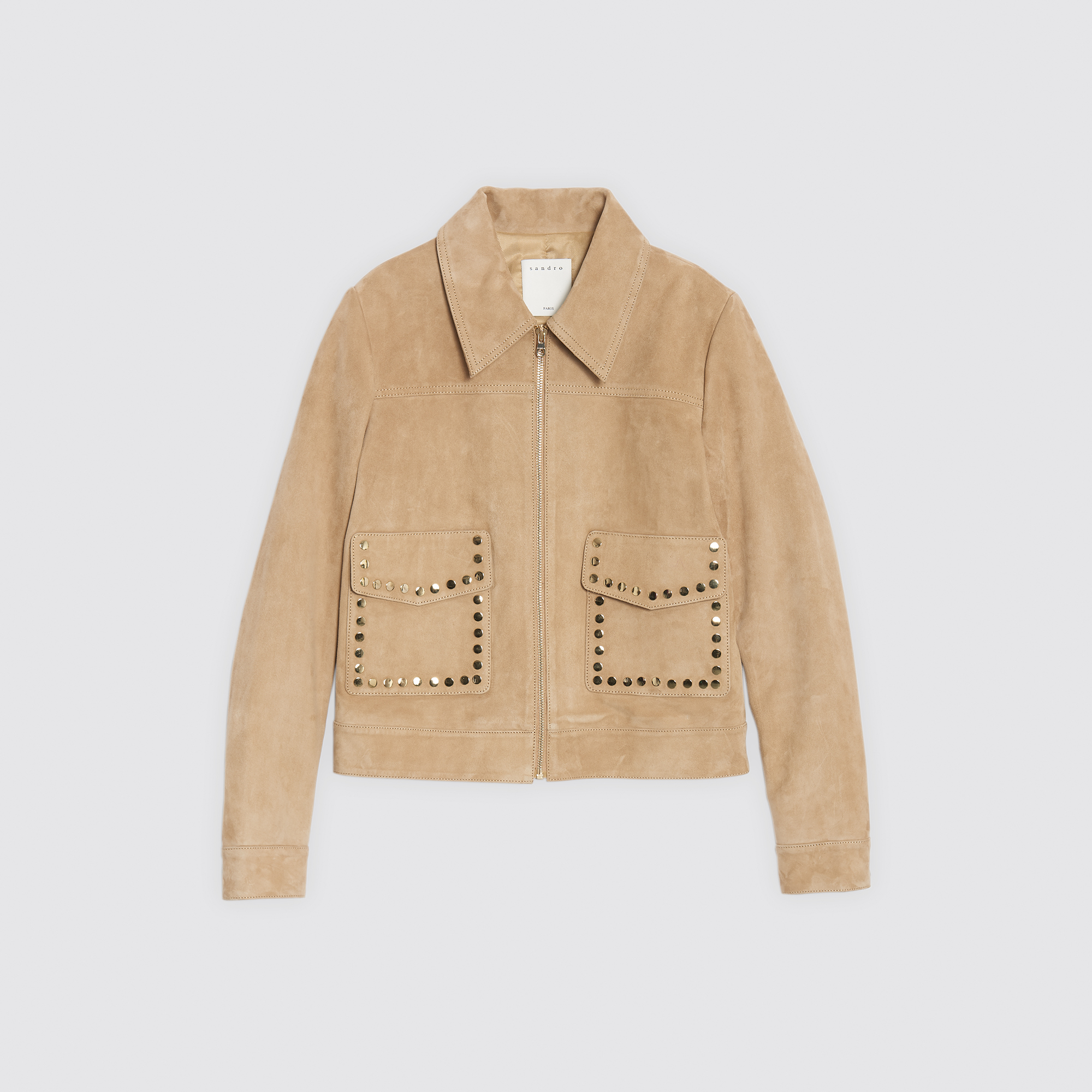 Suede jacket with studs on the pockets - Jackets | Sandro Paris