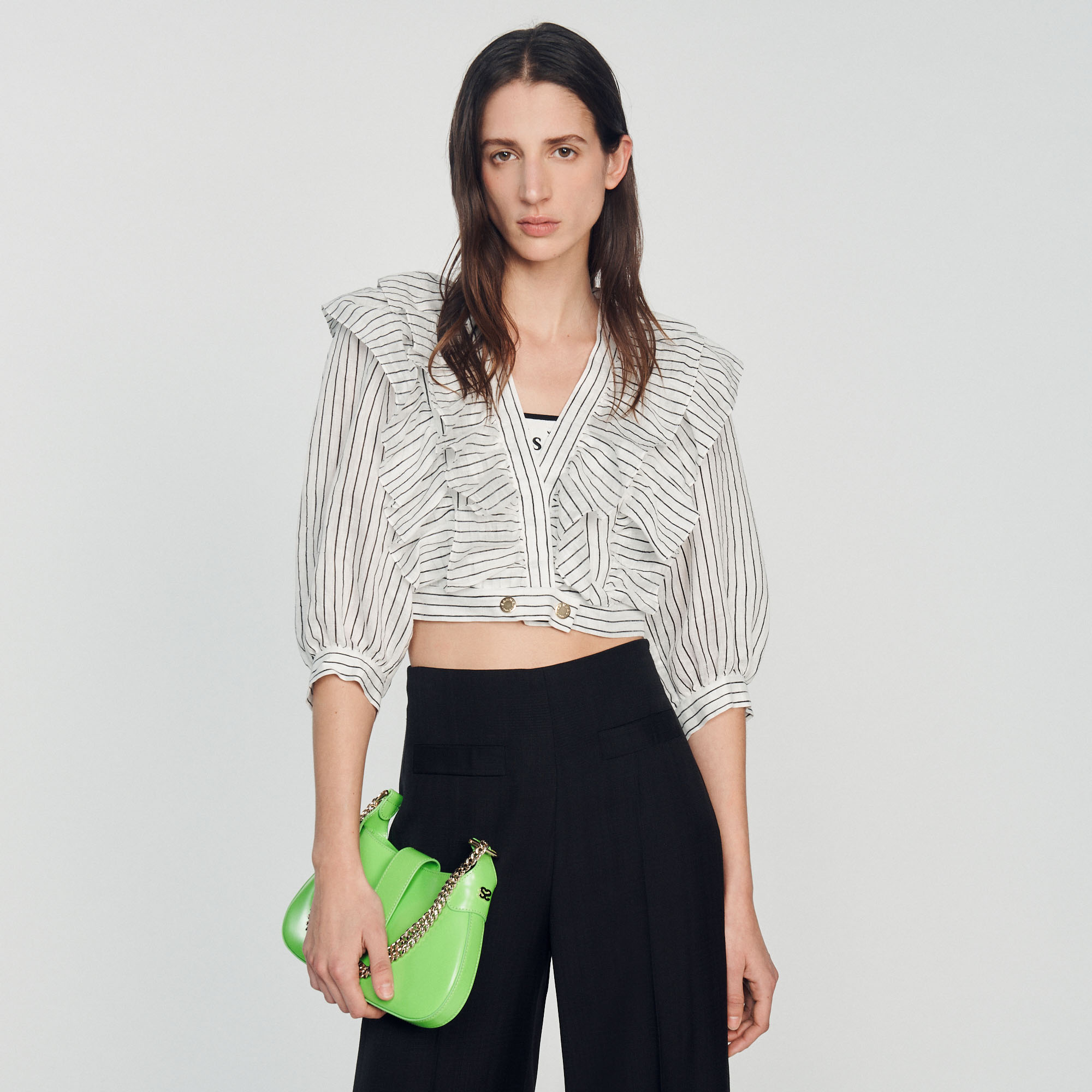 Cropped linen top with stripes - Tops & Shirts | Sandro Paris